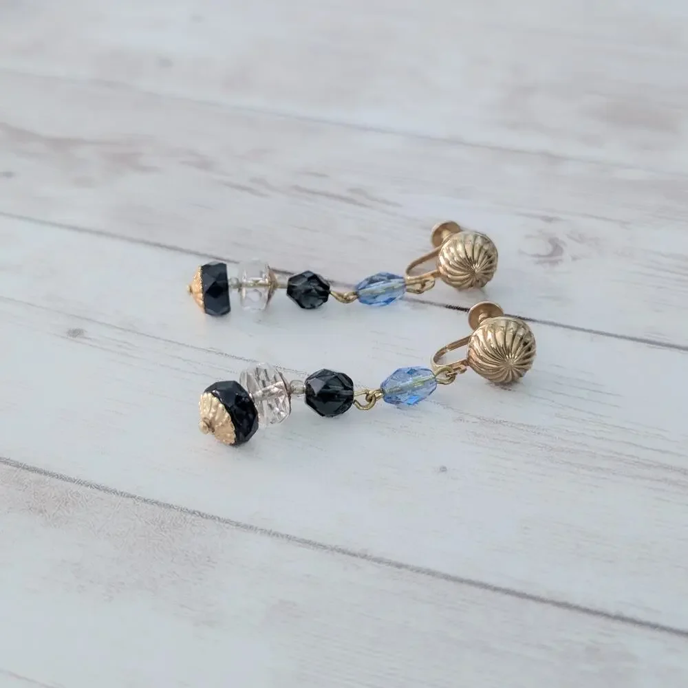 Vintage Screw Back Earrings Gold Tone, Blue. Black, Clear Long Dangle